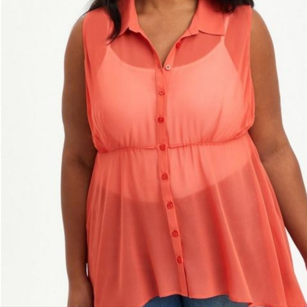 Torrid Sheer Sleeveless Button Front Cover Up Blouse Size 2(2X) High Low